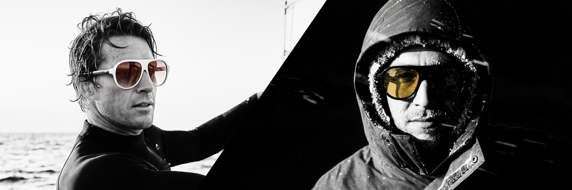 Delad bild: surfare i solnedgang till vanster, man i parkas i snostorm till hoger, bada i HUSKI EYEWEAR